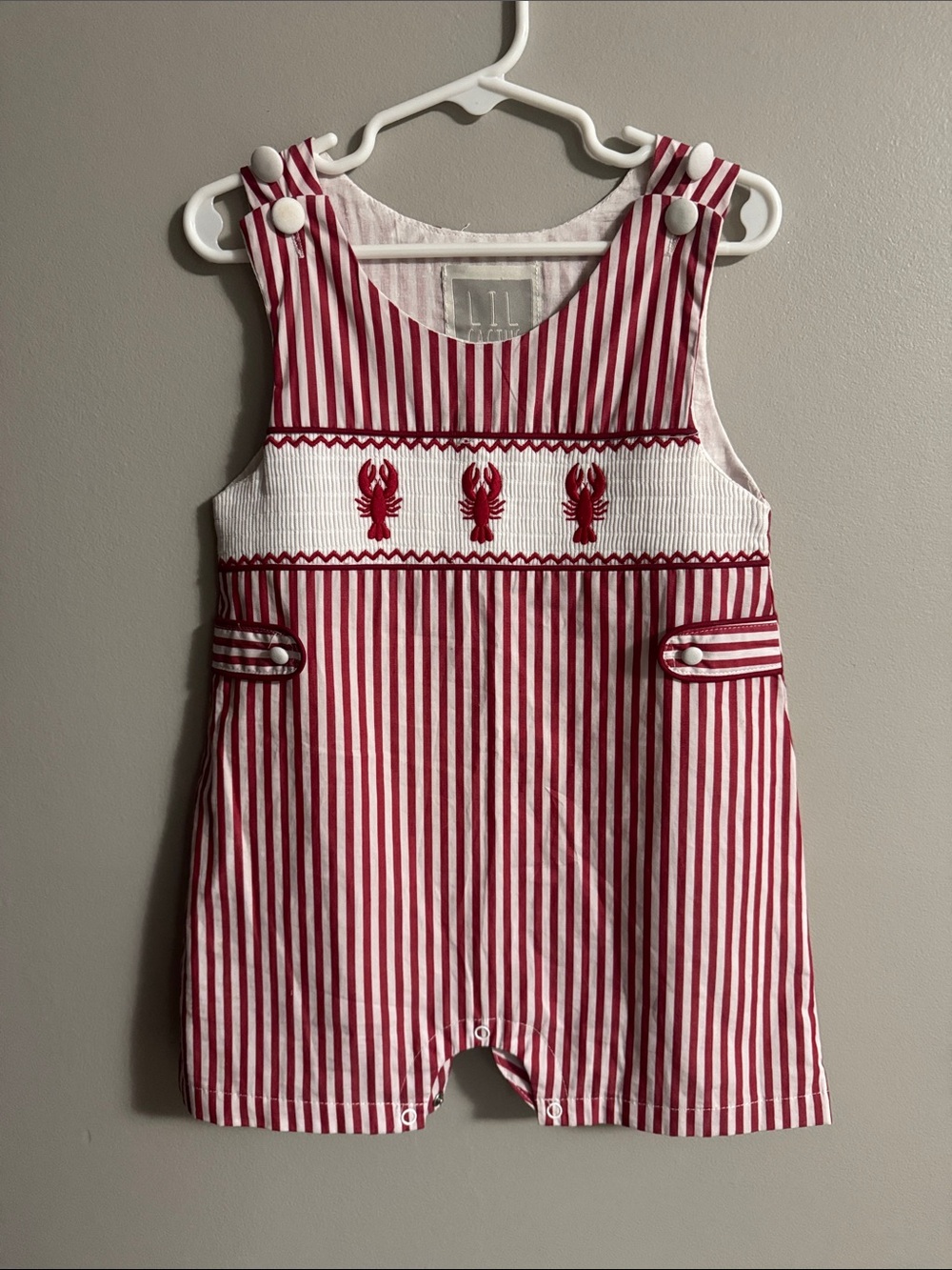 Lil Cactus lobster 2T Red & White Striped Smocked Romper